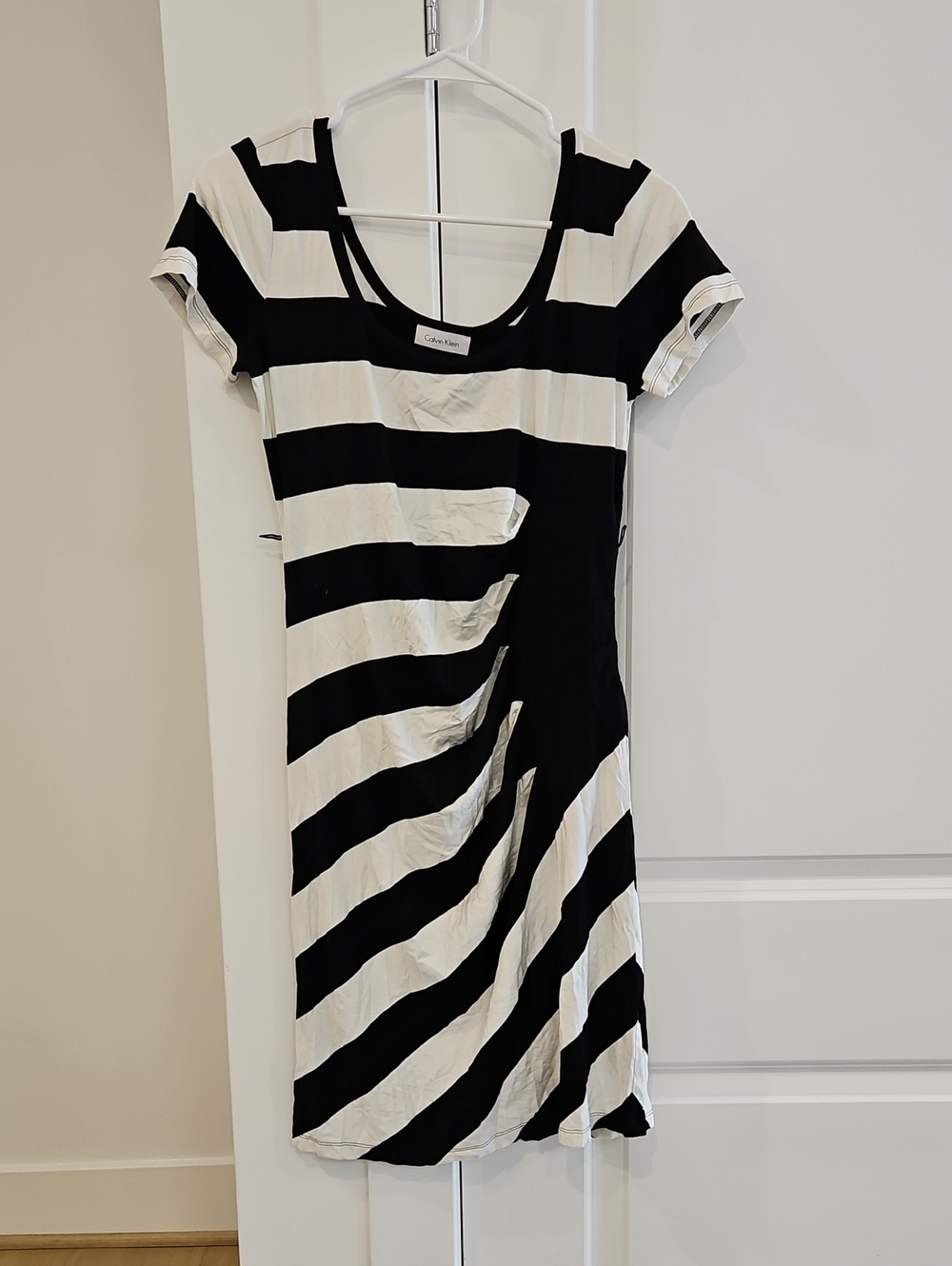 Calvin Klein Black and White Diagonal Stripe Midi Dress